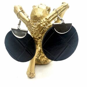 Handmade Black Round Vegan Leather Drop Earrings with Silver Accents